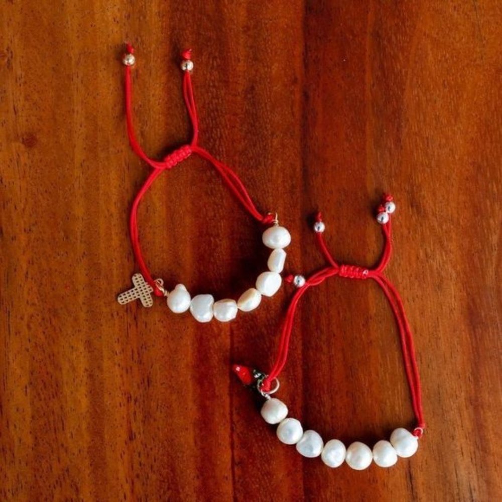 Handmade pearl and charm bracelet red